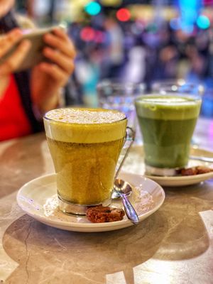 Matcha and turmeric latte at Privé - Wheelock Place in Central Singapore