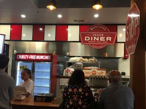 Serving counter at Munchies Vegan Diner in Santa Ana