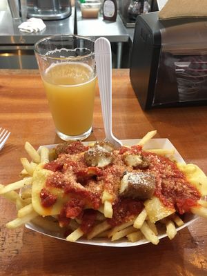 Pizza fries! (and beer from upstairs) at Munchies Vegan Diner in Santa Ana