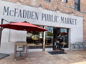 Entrance to the diner - a food strip at Munchies Vegan Diner in Santa Ana