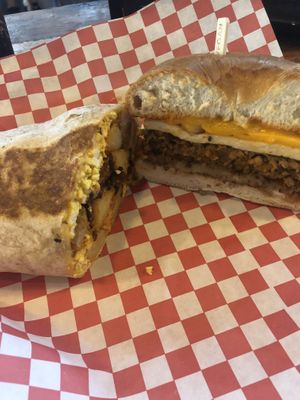 Burrito and bagel sandwich  at Munchies Vegan Diner in Santa Ana