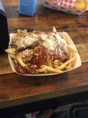 Pizza fries  at Munchies Vegan Diner in Santa Ana