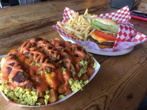 Breakfast Poutine and Breakfast Burger at Munchies Vegan Diner in Santa Ana