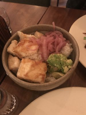 Tofu, avocado and pickled veg bowl at Tanuki Nozawa in Nozawaonsen