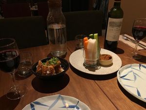 Starters of fried tofu and vegetables with miso at Tanuki Nozawa in Nozawaonsen