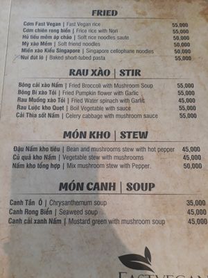 Menu at Fast Vegans in Ho Chi Minh City