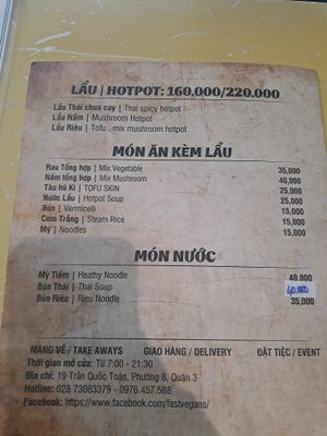 Menu at Fast Vegans in Ho Chi Minh City