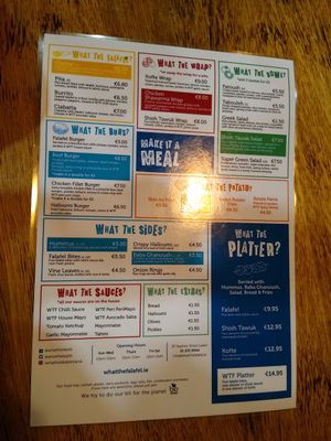 Menükarte at What The Falafel in Dublin