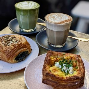 Vegan Mac & Cheese Danish, Vegan Spanakopita Roll, Vegan Chai Latte, Vegan Matcha Latte at Miss Sina - Surry Hills in Surry Hills
