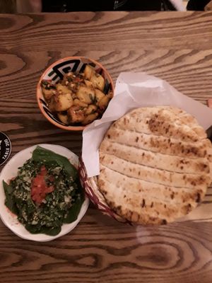 Batata Harra, Tabbouleh and flat bread at Comptoir Libanais in South East London