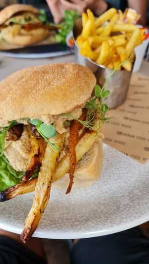 Roasted veg and humus on Ciabatta at Urban Food House in Bowness-on-windermere