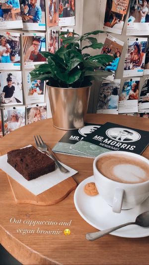 Oat cappuccino and vegan brownie at Mr. Morris in Tilburg