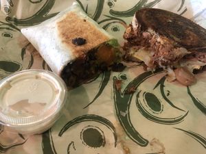 Sweet potato burrito with Kip Sauce on the side and Reuben sandwich on the right!  Yummy! at Tickled Tummy in Paris
