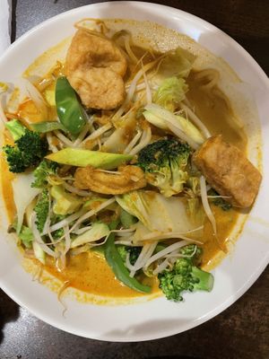 Curry me with chow fun noodles (ask to change noodle type to vegan noodles )  at Coco Garden in Rochester