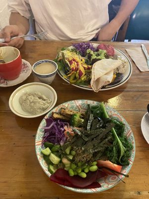 mixed falafel plate (top) and rainbow sushi bowl (bottom)  at Plant Based Wholefoods in Katoomba