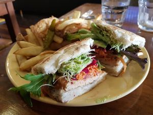 Tempeh burger with hand cut chips at Plant Based Wholefoods in Katoomba