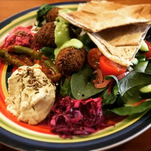 Vegan tasting plate - baba ganoush, falafel, salad, pickled vege, hummus at Plant Based Wholefoods in Katoomba