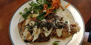 Delicious Okonomiyaki (Japanese pancakes). Forgot to get a photo before eating...! at Plant Based Wholefoods in Katoomba