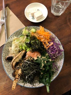 Home made almond feta cheese and rainbow sushi bowl  at Plant Based Wholefoods in Katoomba