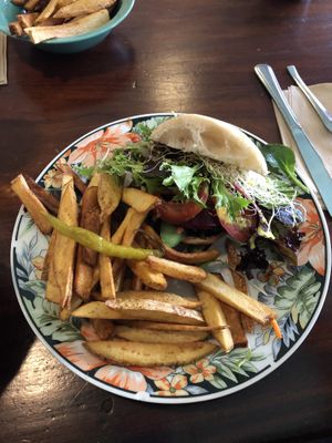 Mushroom burger at Plant Based Wholefoods in Katoomba