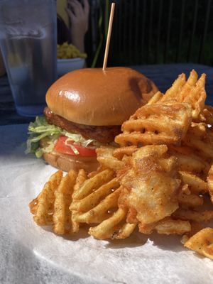 Buffalo tofu sandwich & waffle fries  at Cobra Cabana in Richmond
