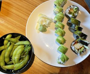 Edamame with sea salt and some yummy vegan rolls. at Kanpai in Bend