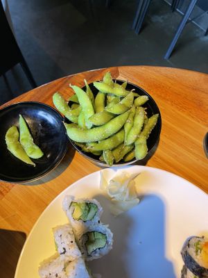 Edamame with lots of tasty sea salt. at Kanpai in Bend