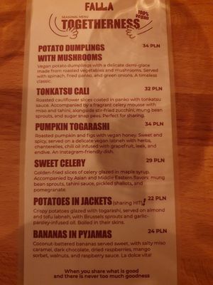 Menu at Falla in Wroclaw