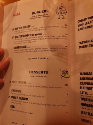 Menu at Falla in Wroclaw