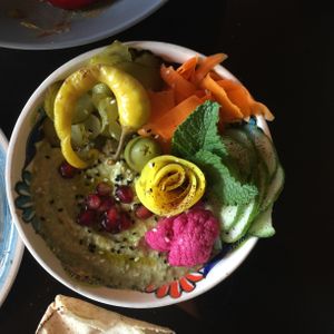 Coriander and lime hummus with pickles at Falla in Wroclaw