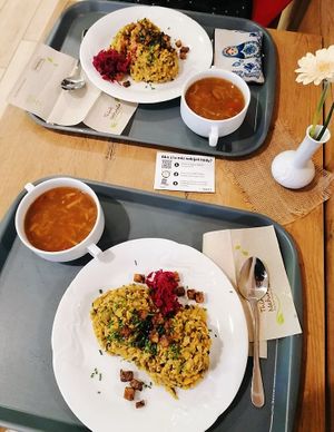 hot & sour soup + paella with their home made pickles! at Pani Baklazani in Nitra