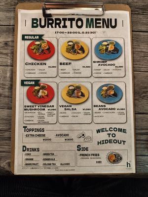 Last three options are vegan ✨ at Hideout Burrito in Tokyo