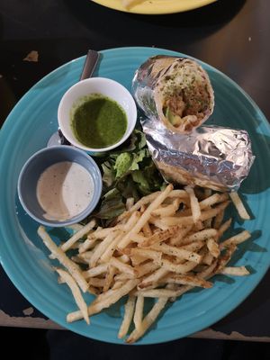 Teriyaki burrito with vegan sauces for fries at Hideout Burrito in Tokyo