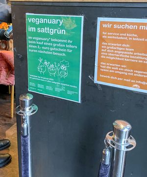 Veganuary sign  at Sattgrün Kolumba Viertel - Mitte in Cologne