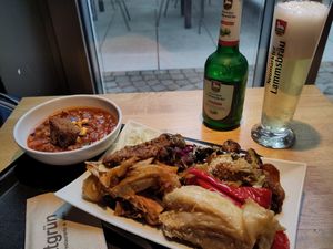 Chili soup (very thick, more like a stew), middle sized plate, alcool free  beer at Sattgrün Kolumba Viertel - Mitte in Cologne