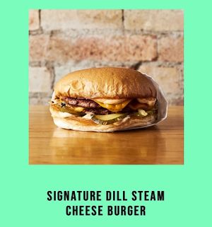 Many Tasty Options: Double smokehouse patty, double cheese, pickles, grilled onions & burger sauce. Grilled then steamed using our signature dill vinegar steam. at Green Burger in Collingwood