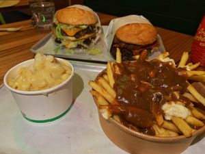 Mac n cheese, poutine, The Big Mock and The Departed at Green Burger in Collingwood
