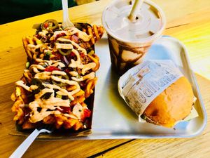 Loaded hash chips, duck burger and chocolate thick shake.  at Green Burger in Collingwood