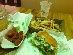 Buffalo Tenders, Big Mock burger, Large Dote Fries and a lemonade. Delicious! at Green Burger in Collingwood