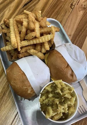 Burgers, chips and Mac and cheese at Green Burger in Collingwood