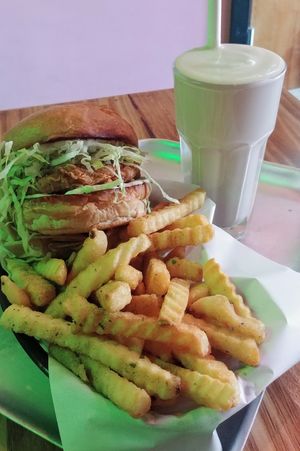 The colonel burger, reg. chips and strawberry balsamic shake.  at Green Burger in Collingwood