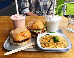 Mock rib burger, mock duck burger, mac n cheese and two shakes at Green Burger in Collingwood