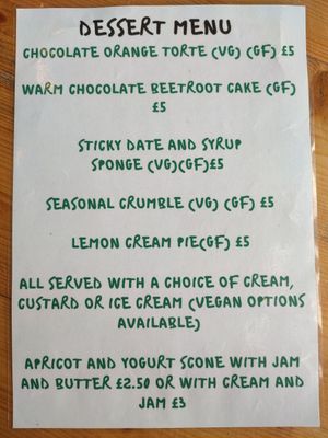 Dessert menu at The GreenHouse Cafe in Shrewsbury