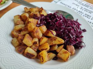 Roast potatoes and cabbage at The GreenHouse Cafe in Shrewsbury