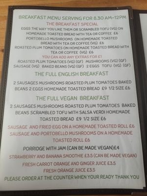 Breakfast menu at The GreenHouse Cafe in Shrewsbury