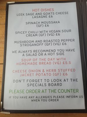Hot dishes menu at The GreenHouse Cafe in Shrewsbury