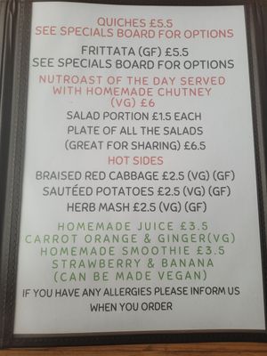 Menu at The GreenHouse Cafe in Shrewsbury