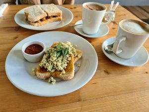 Tofu on toast and sausage sandwich at The GreenHouse Cafe in Shrewsbury