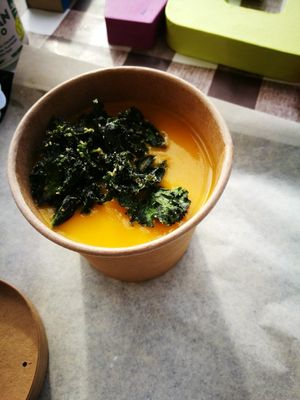 Carrot soup with kale chips at Vegetate in Aylesbury