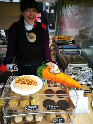 Carrot hotdogs, Hot Cross buns, and cakes available at Vegetate in Aylesbury